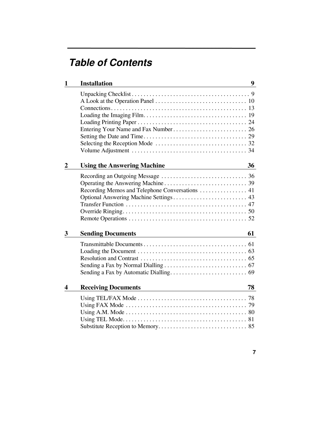 Sharp UX-470 operation manual Table of Contents 