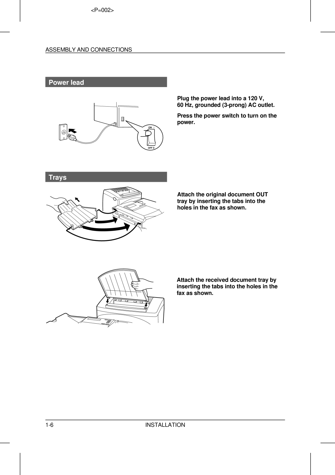 Sharp UX-5000 operation manual Power lead, Trays, Assembly and Connections 