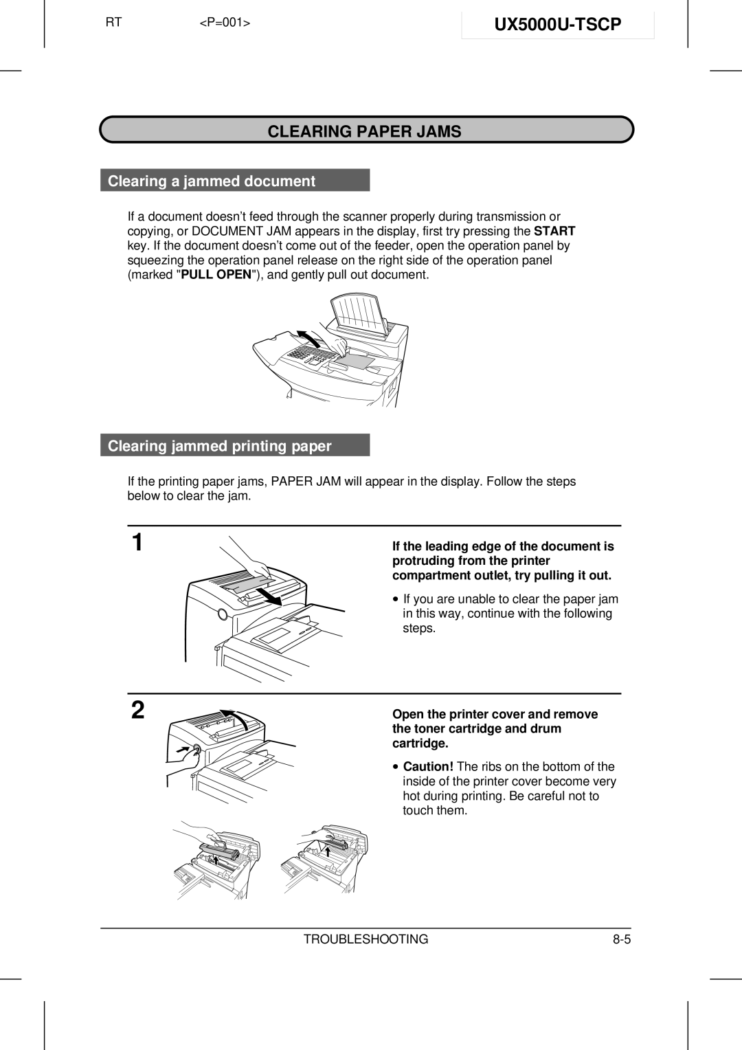 Sharp UX-5000 UX5000U-TSCP, Clearing Paper Jams, Clearing a jammed document, Clearing jammed printing paper 