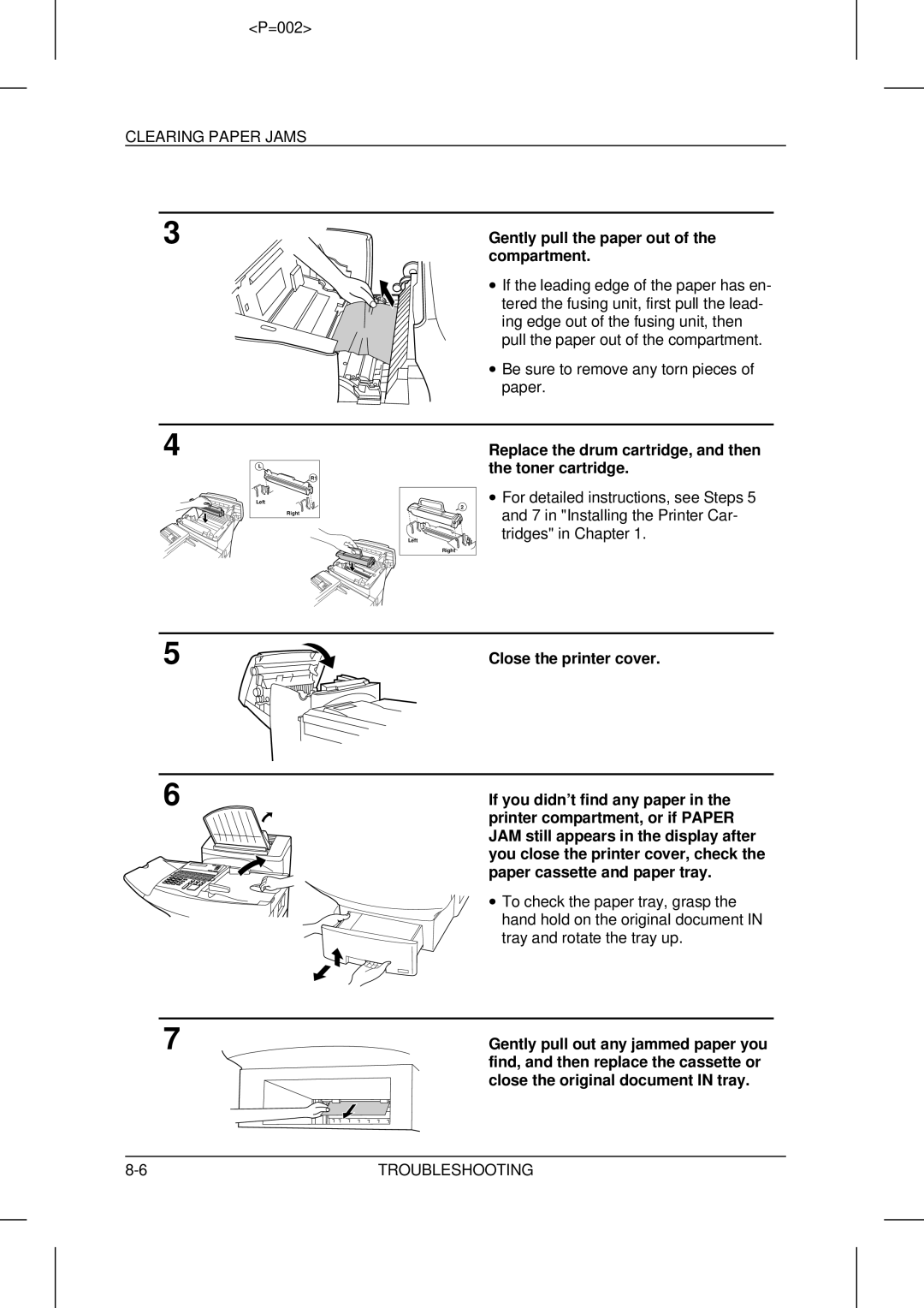 Sharp UX-5000 operation manual Clearing Paper Jams, Compartment, Replace the drum cartridge, and then the toner cartridge 