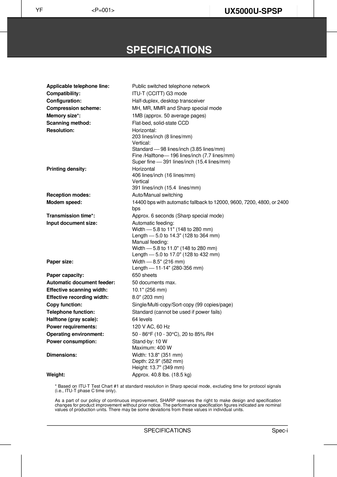 Sharp UX-5000 operation manual Specifications 