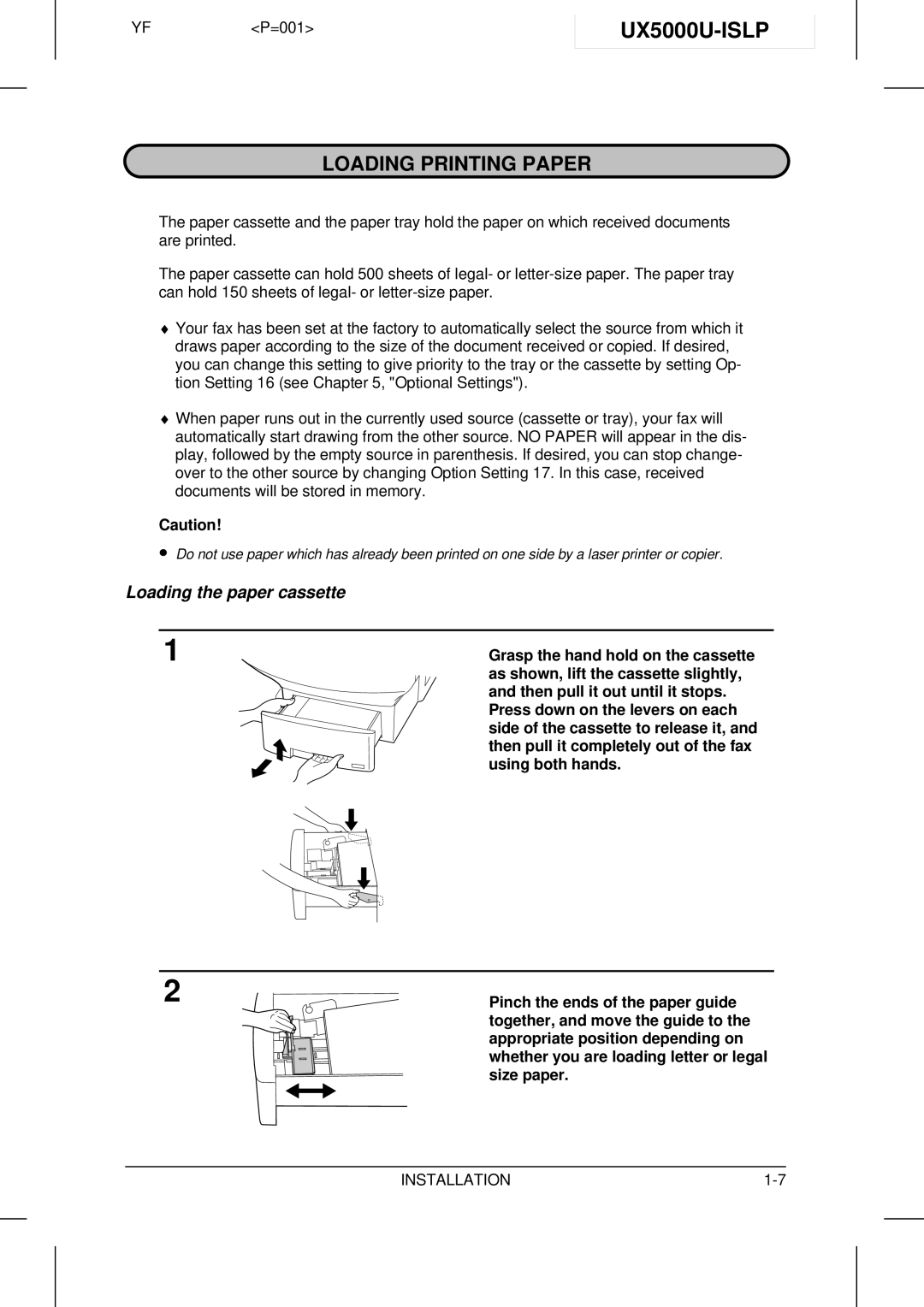 Sharp UX-5000 operation manual UX5000U-ISLP, Loading Printing Paper, Loading the paper cassette 