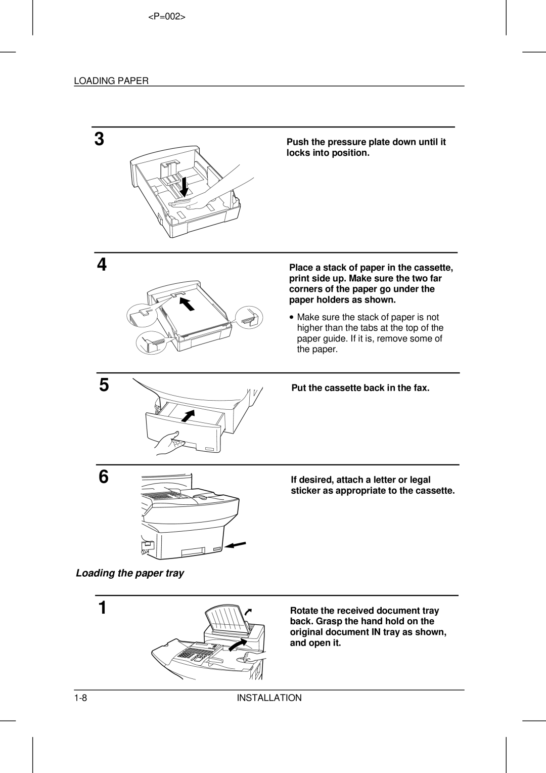 Sharp UX-5000 operation manual Loading the paper tray, Push the pressure plate down until it, Locks into position 