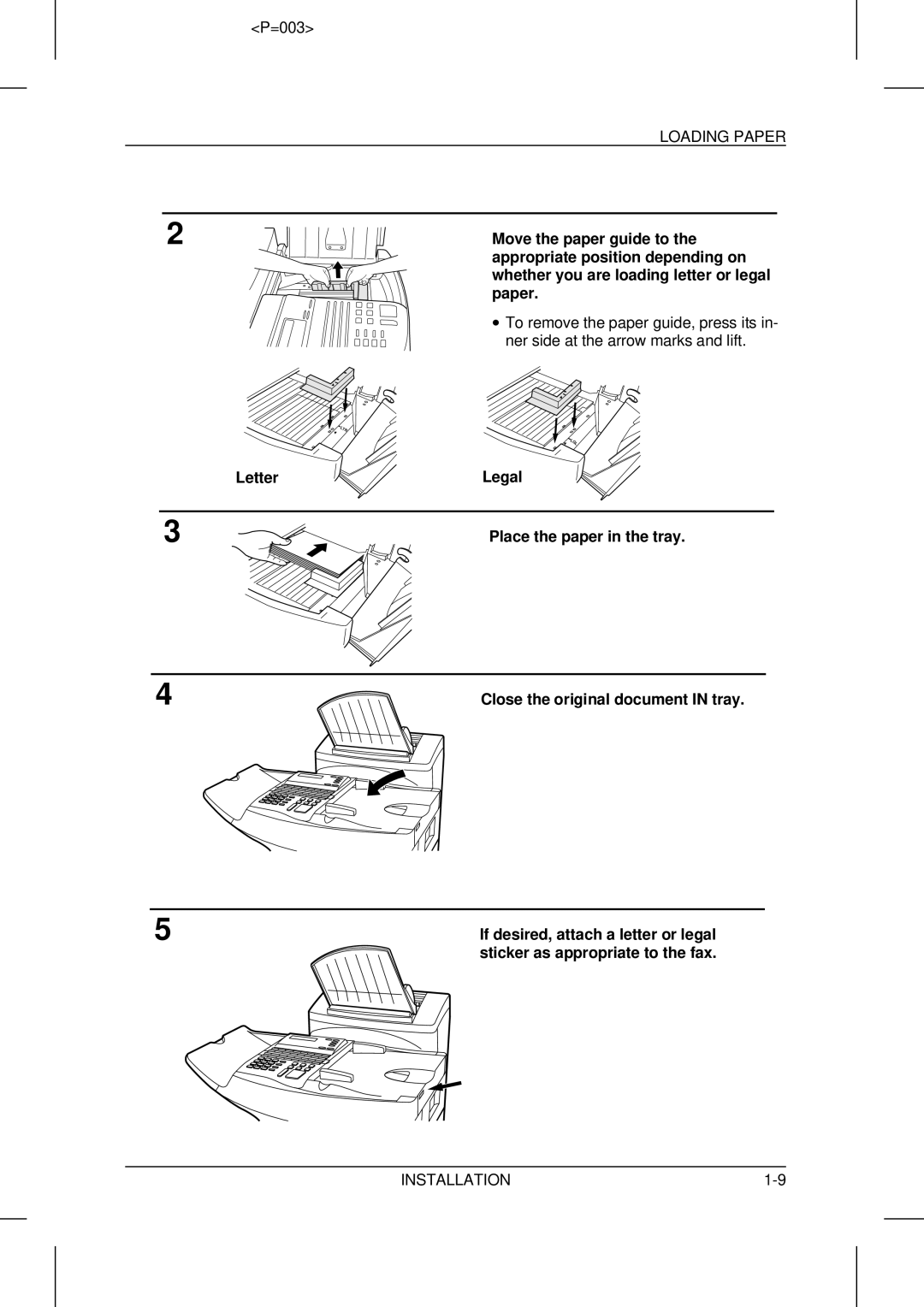 Sharp UX-5000 operation manual Letter, Legal Place the paper in the tray, Close the original document in tray 