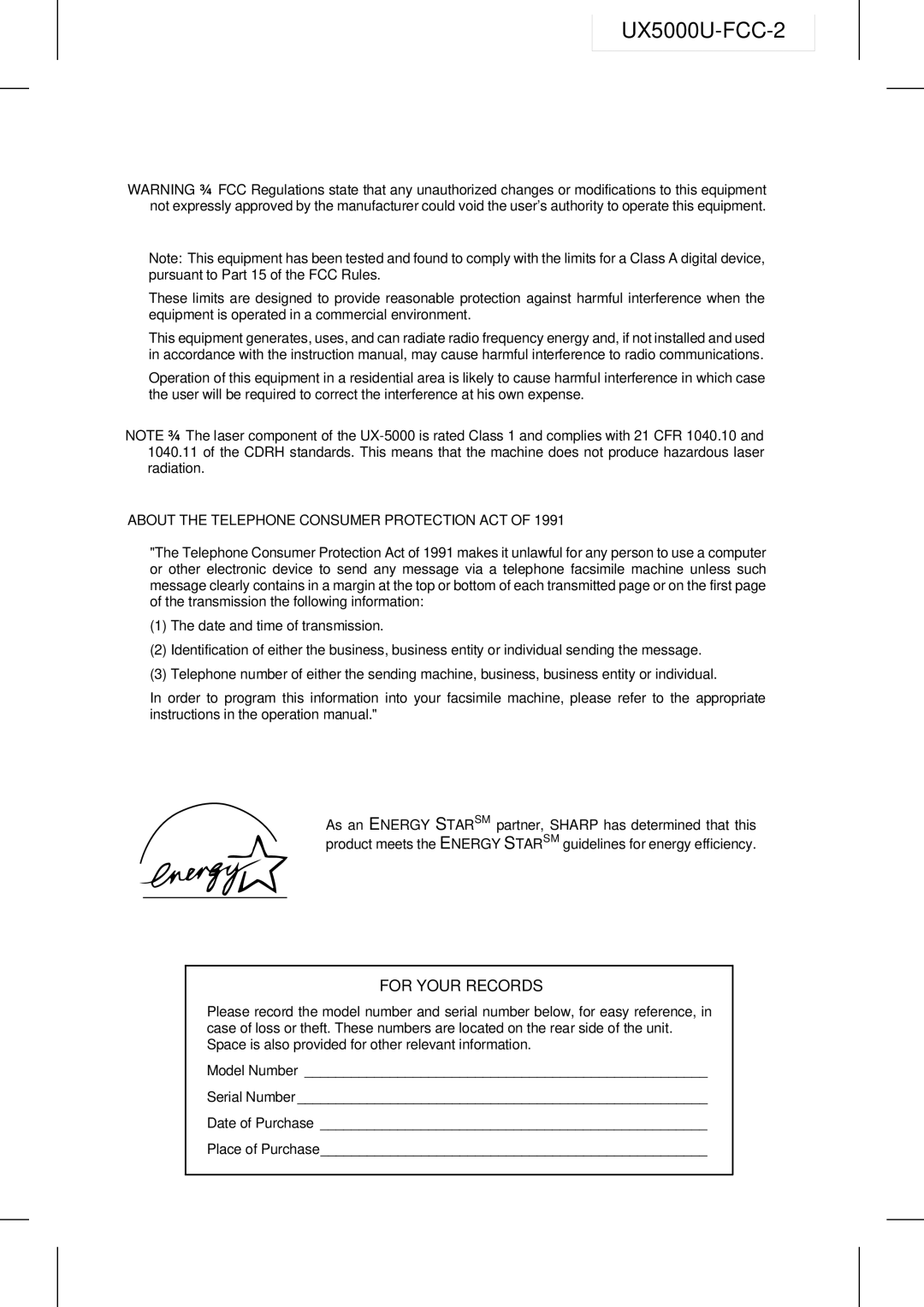 Sharp UX-5000 operation manual UX5000U-FCC-2 