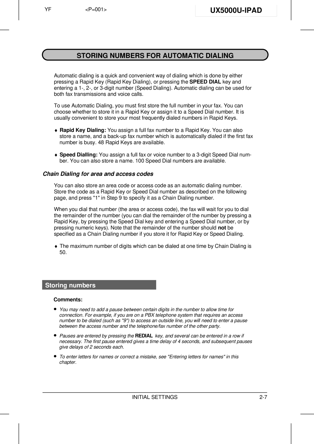 Sharp UX-5000 operation manual UX5000U-IPAD, Storing Numbers for Automatic Dialing, Storing numbers 