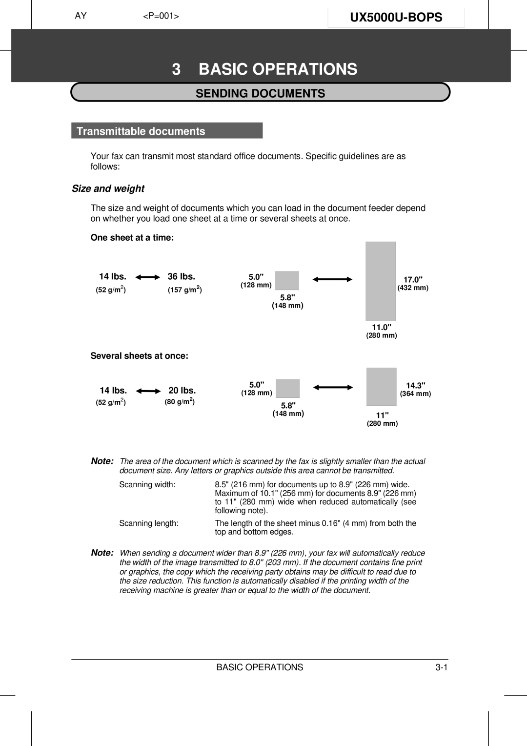 Sharp UX-5000 operation manual Basic Operations, UX5000U-BOPS, Sending Documents, Transmittable documents, Size and weight 
