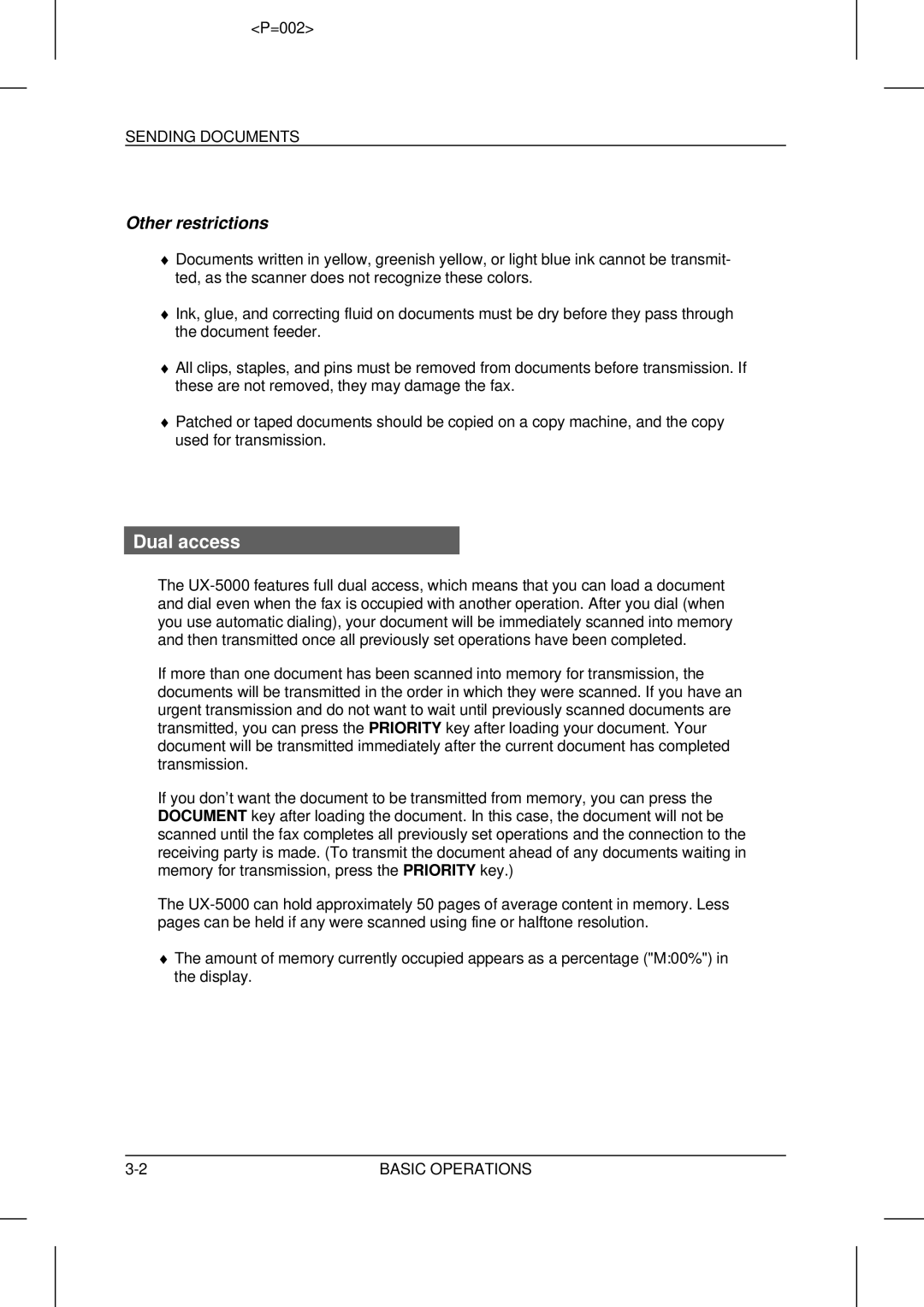 Sharp UX-5000 operation manual Dual access, Other restrictions, Sending Documents 