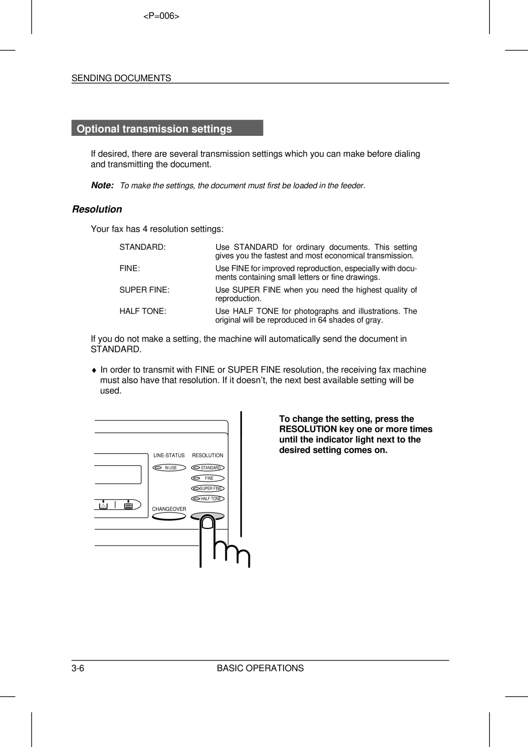 Sharp UX-5000 operation manual Optional transmission settings, Resolution, Standard 