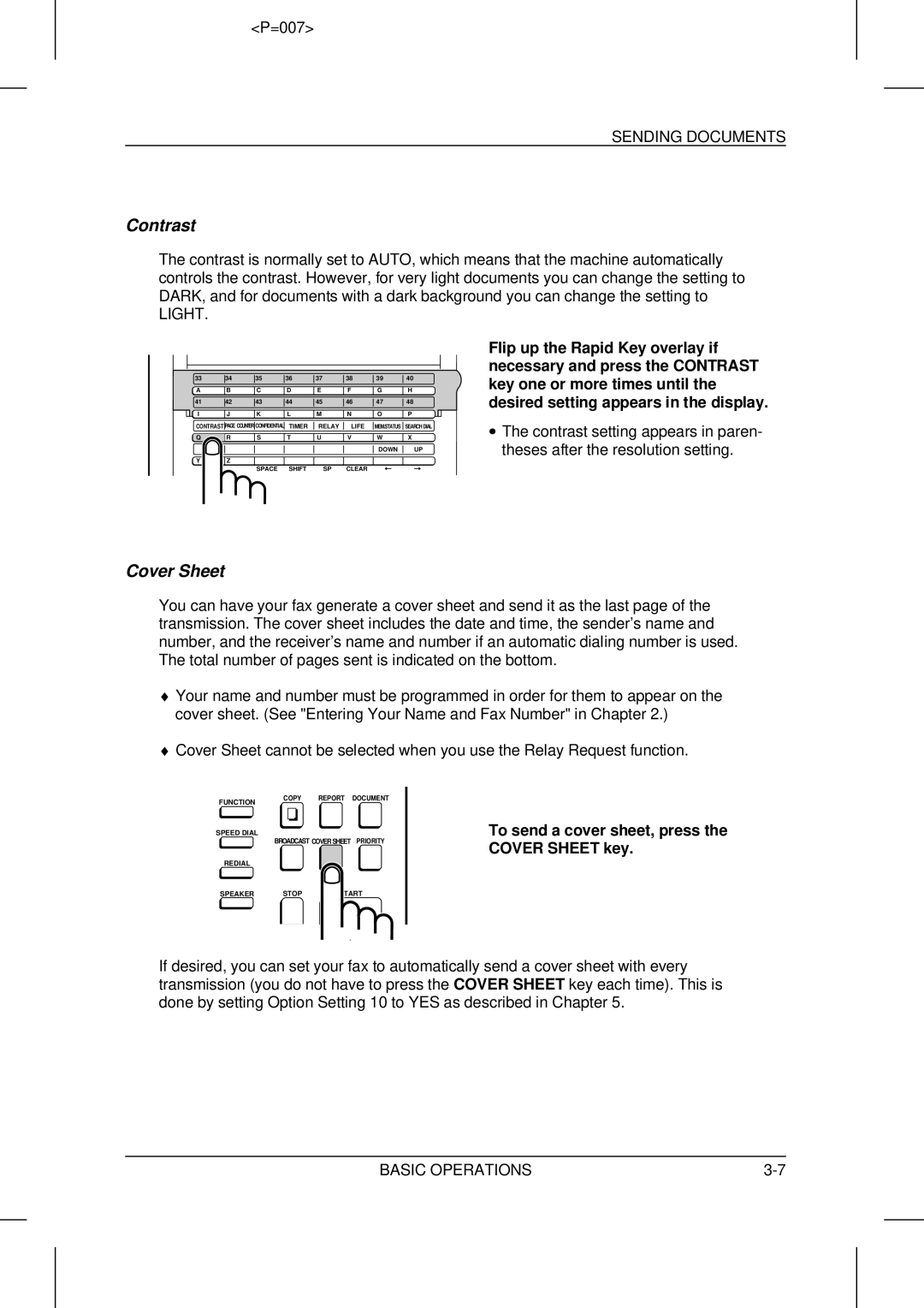 Sharp UX-5000 operation manual Contrast, Light, To send a cover sheet, press the Cover Sheet key 