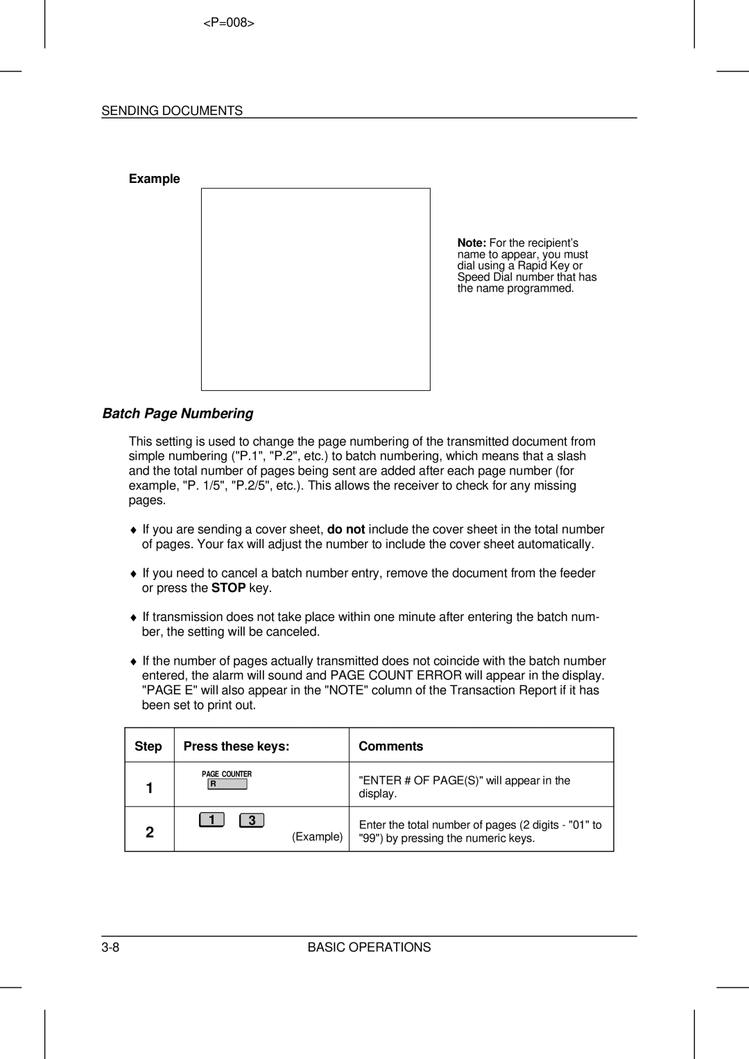 Sharp UX-5000 operation manual Batch Page Numbering, Example 