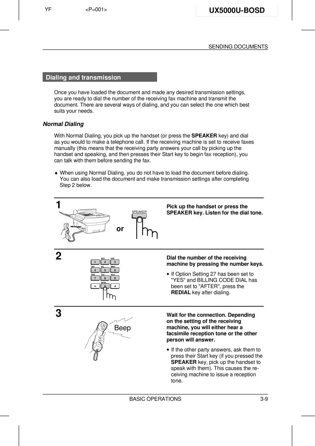 Sharp UX-5000 operation manual UX5000U-BOSD, Dialing and transmission, Normal Dialing 