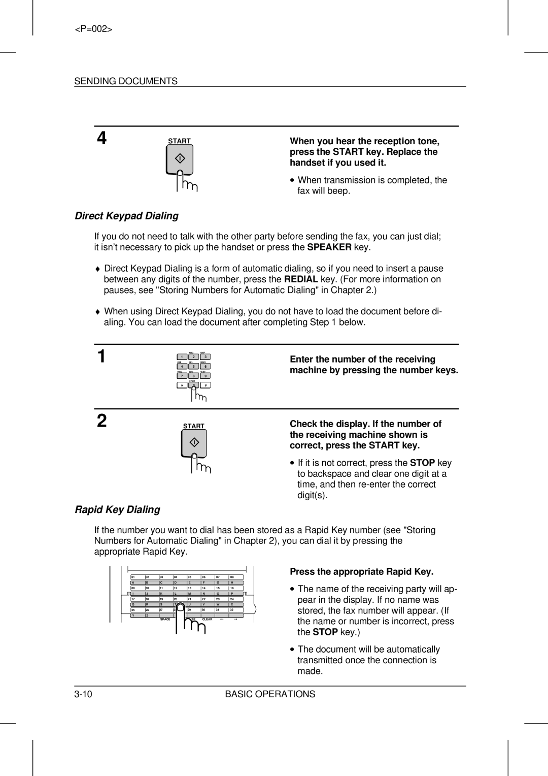 Sharp UX-5000 Direct Keypad Dialing, Rapid Key Dialing, Press the Start key. Replace, Handset if you used it 