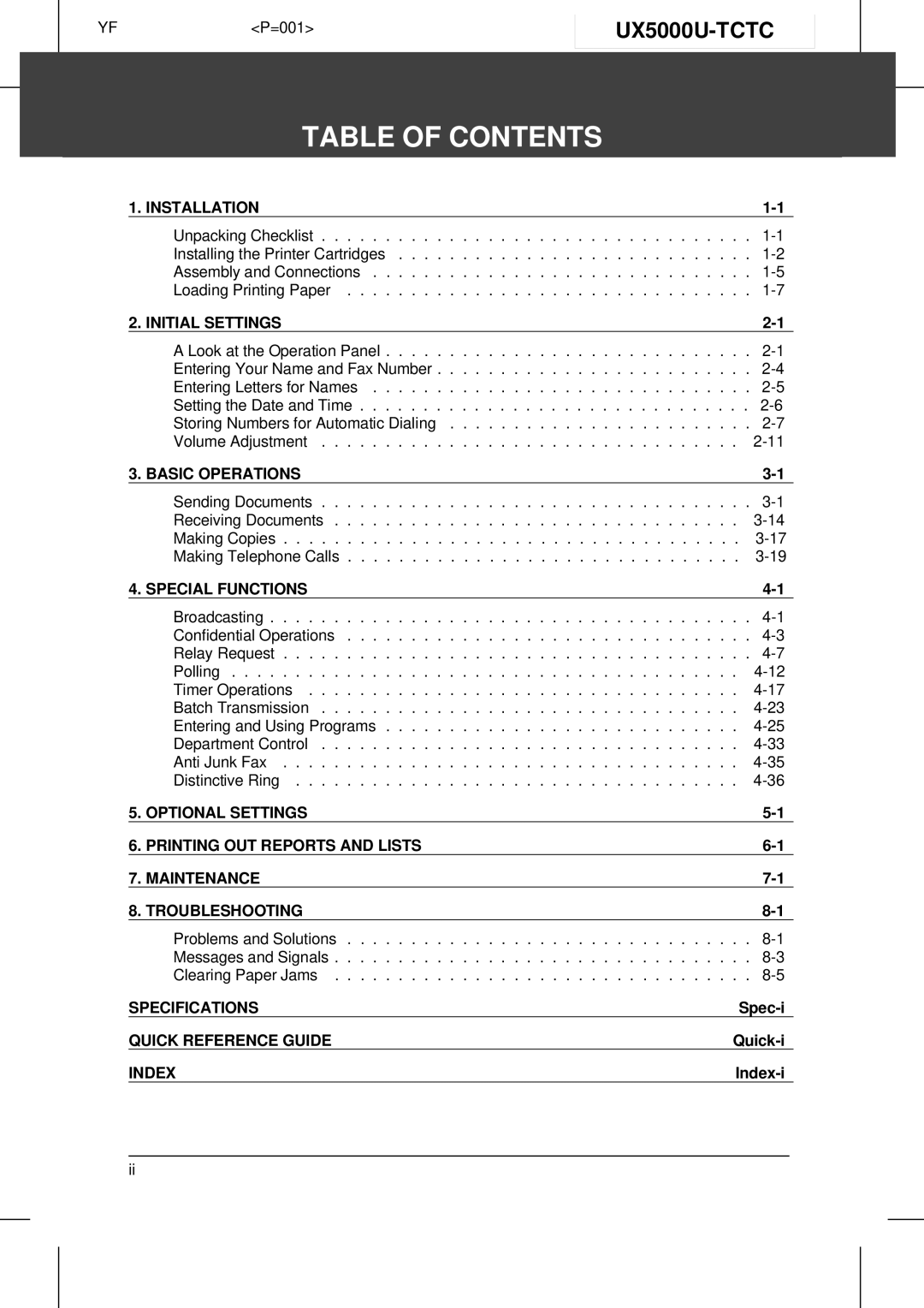 Sharp UX-5000 operation manual Table of Contents 