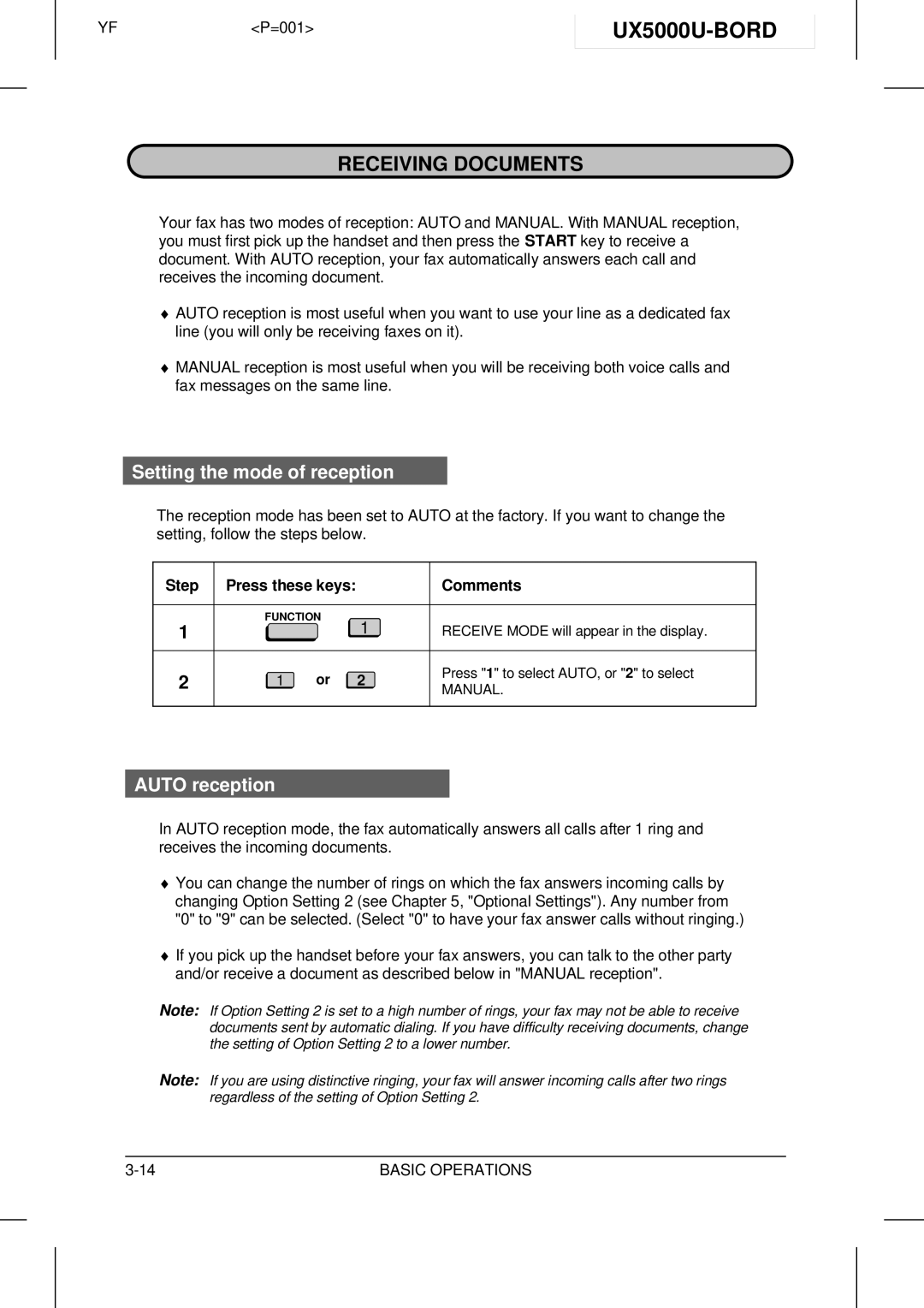 Sharp UX-5000 operation manual UX5000U-BORD, Receiving Documents, Setting the mode of reception, Auto reception 