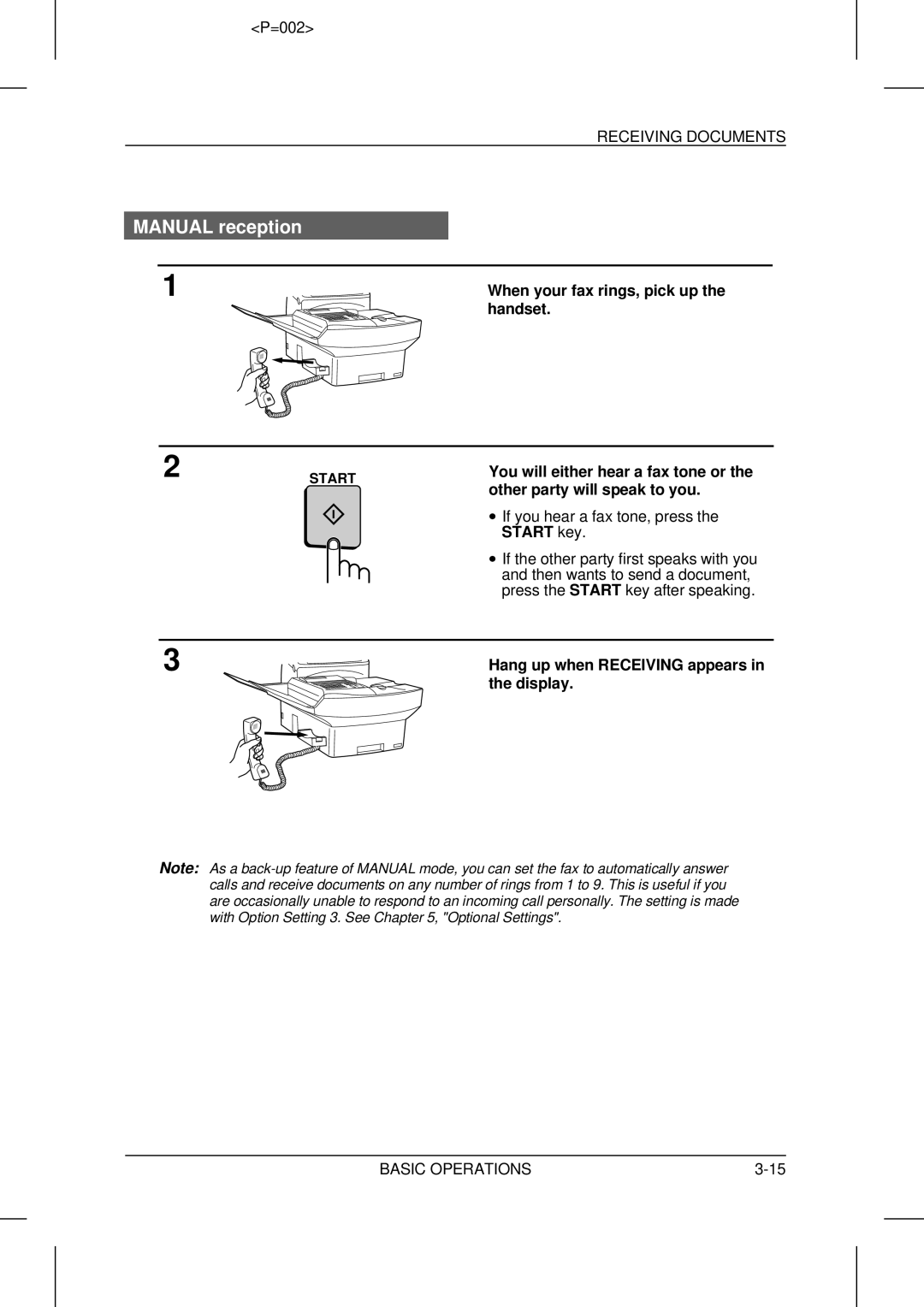 Sharp UX-5000 operation manual Manual reception, Receiving Documents, Handset, Other party will speak to you 