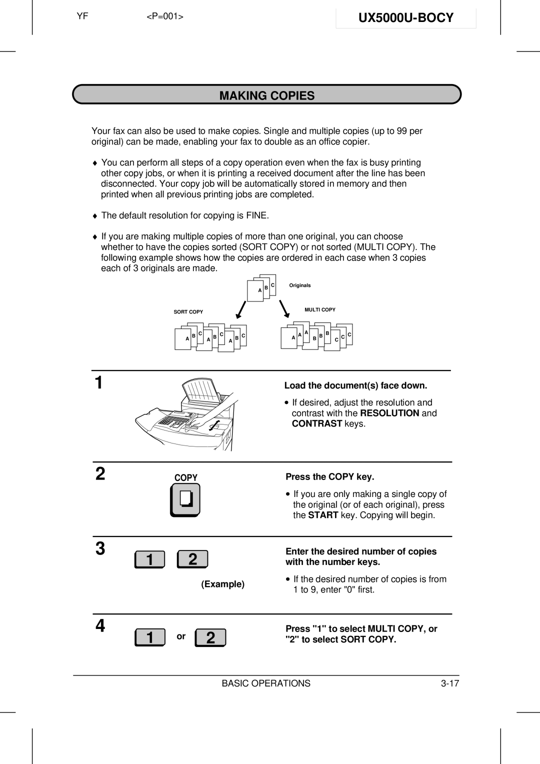 Sharp UX-5000 UX5000U-BOCY, Making Copies, Press the Copy key, Press 1 to select Multi COPY, or, To select Sort Copy 