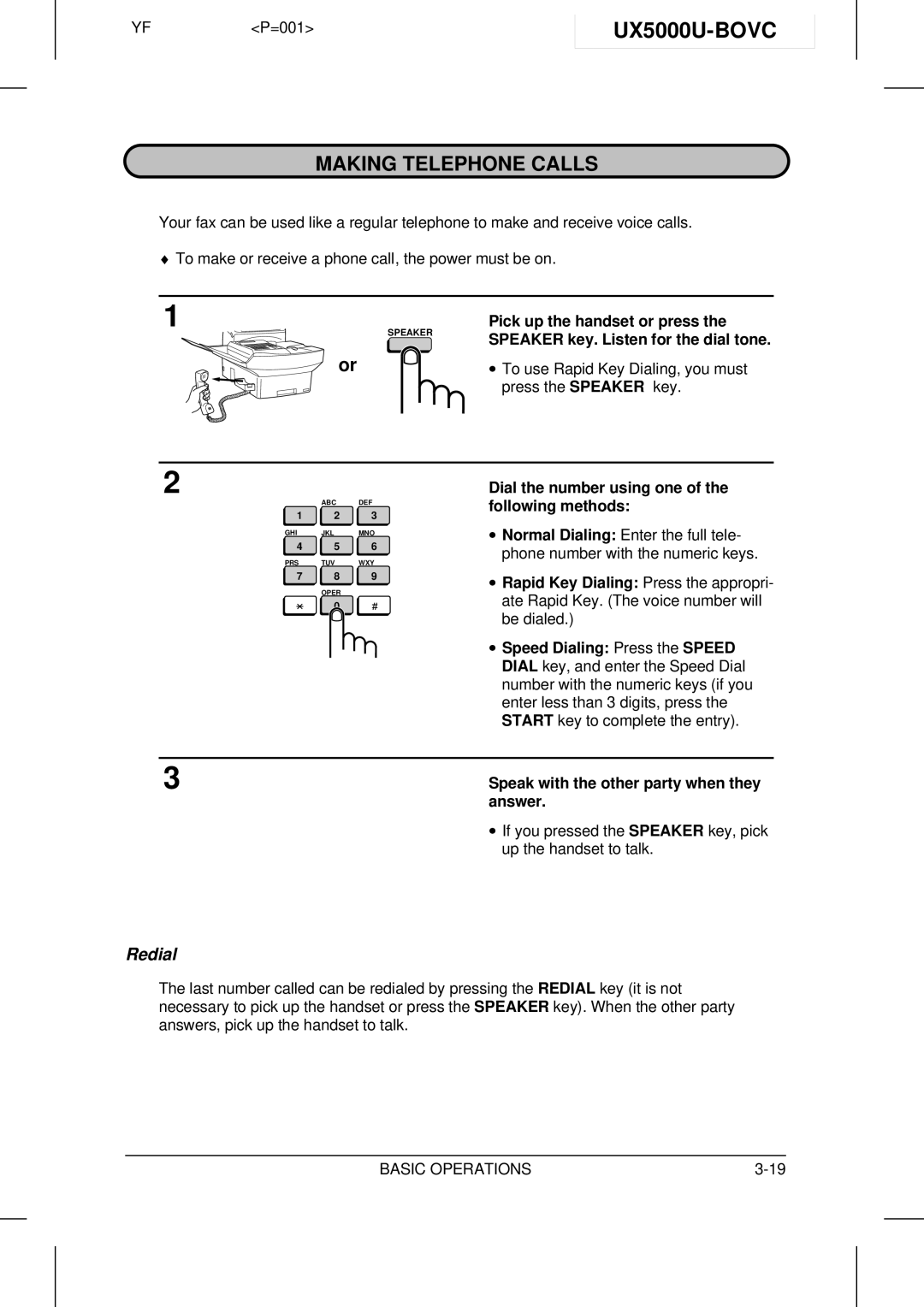 Sharp UX-5000 operation manual UX5000U-BOVC, Making Telephone Calls, Redial 