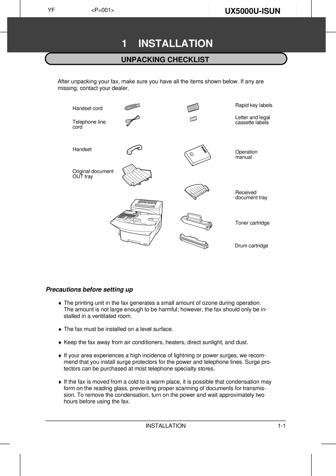 Sharp UX-5000 operation manual Installation, UX5000U-ISUN, Unpacking Checklist, Precautions before setting up 