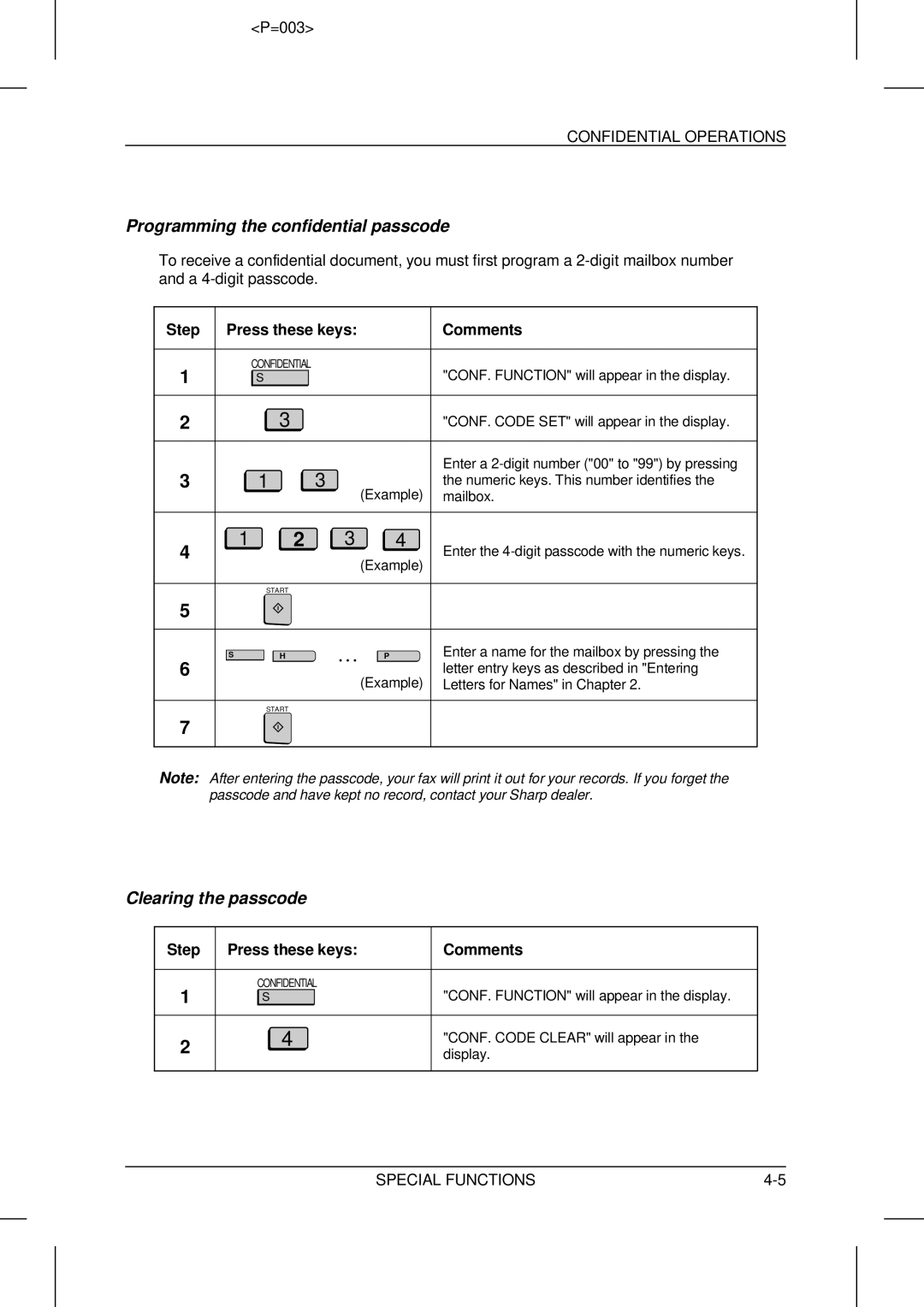 Sharp UX-5000 operation manual Programming the confidential passcode, Clearing the passcode 