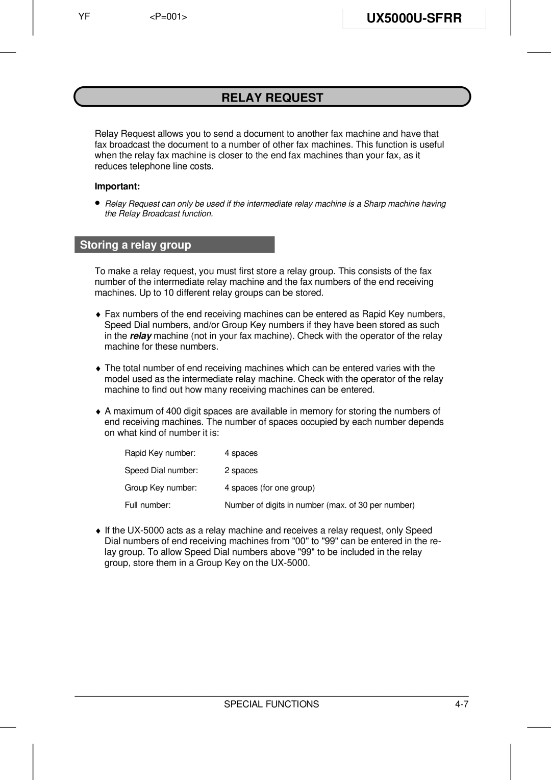 Sharp UX-5000 operation manual UX5000U-SFRR, Relay Request, Storing a relay group 