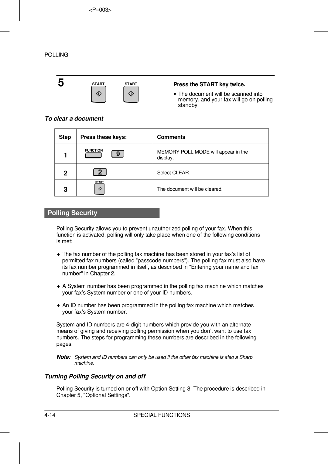 Sharp UX-5000 operation manual To clear a document, Turning Polling Security on and off 