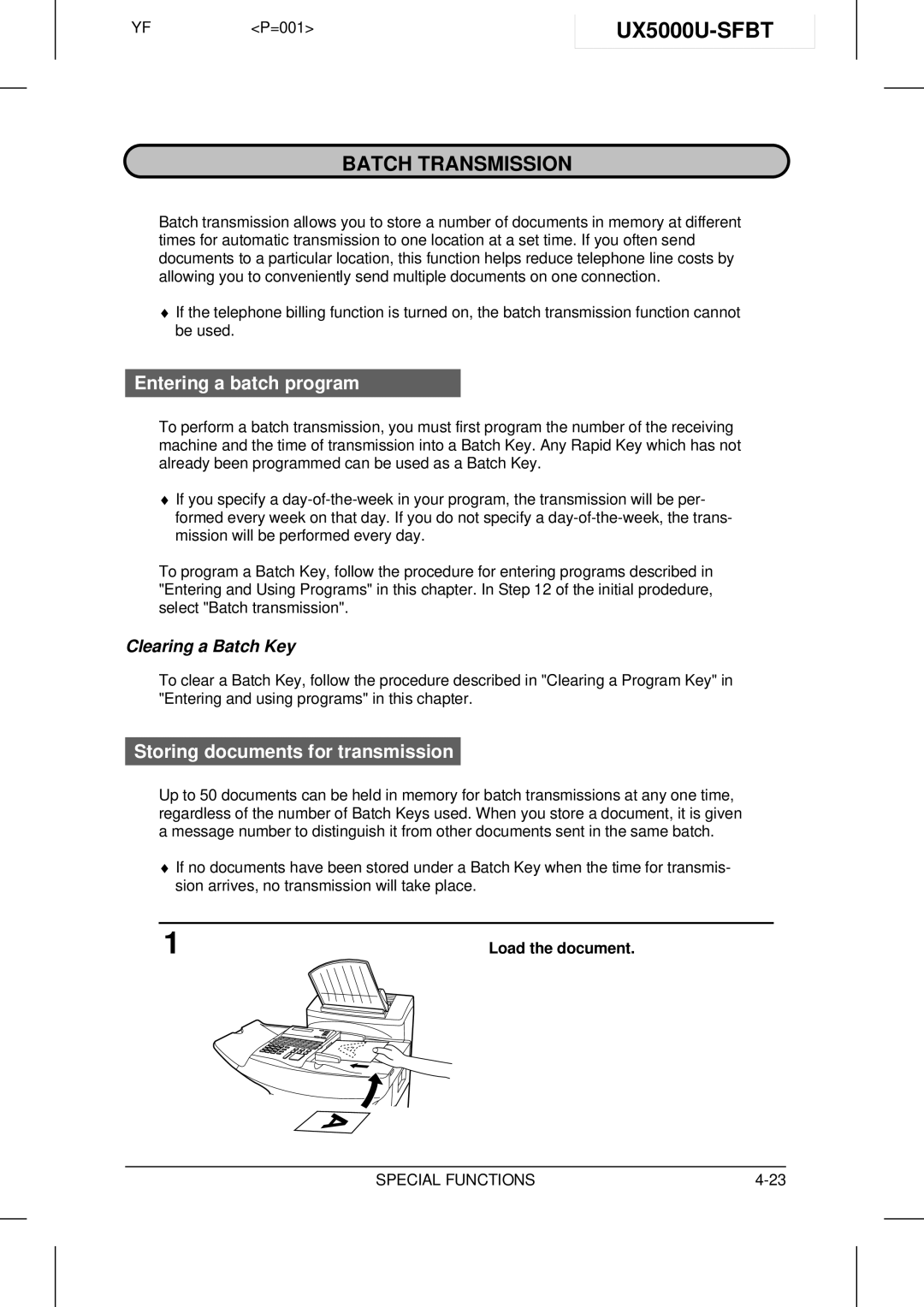 Sharp UX-5000 UX5000U-SFBT, Batch Transmission, Entering a batch program, Storing documents for transmission 