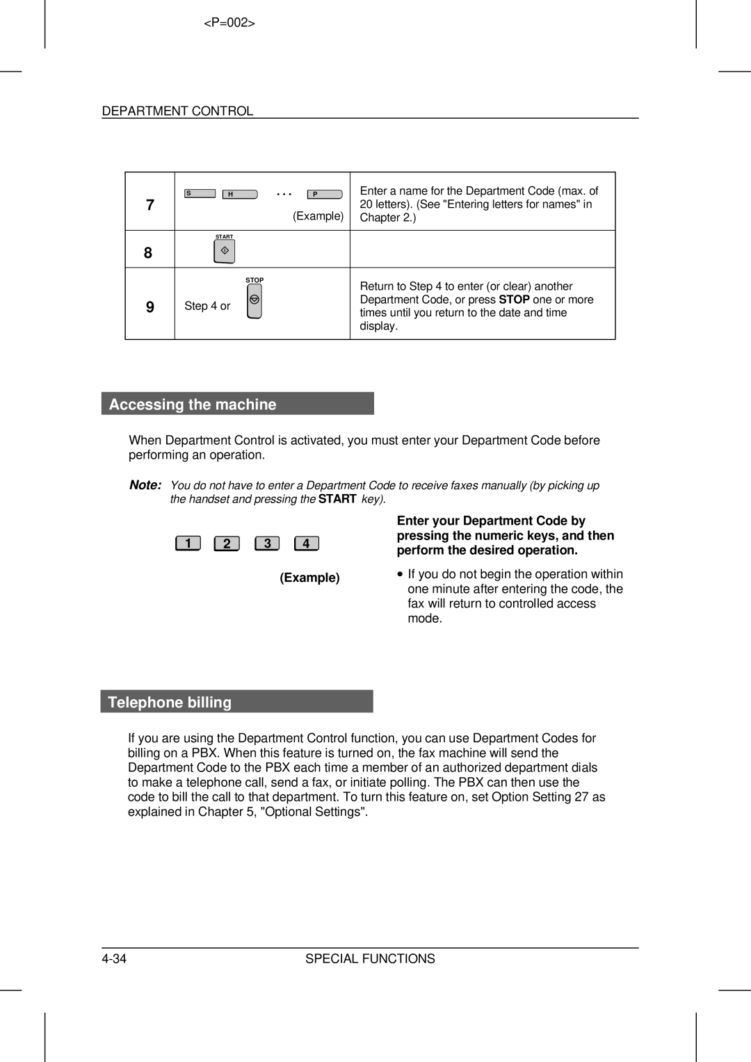 Sharp UX-5000 operation manual Accessing the machine, Telephone billing, Department Control 