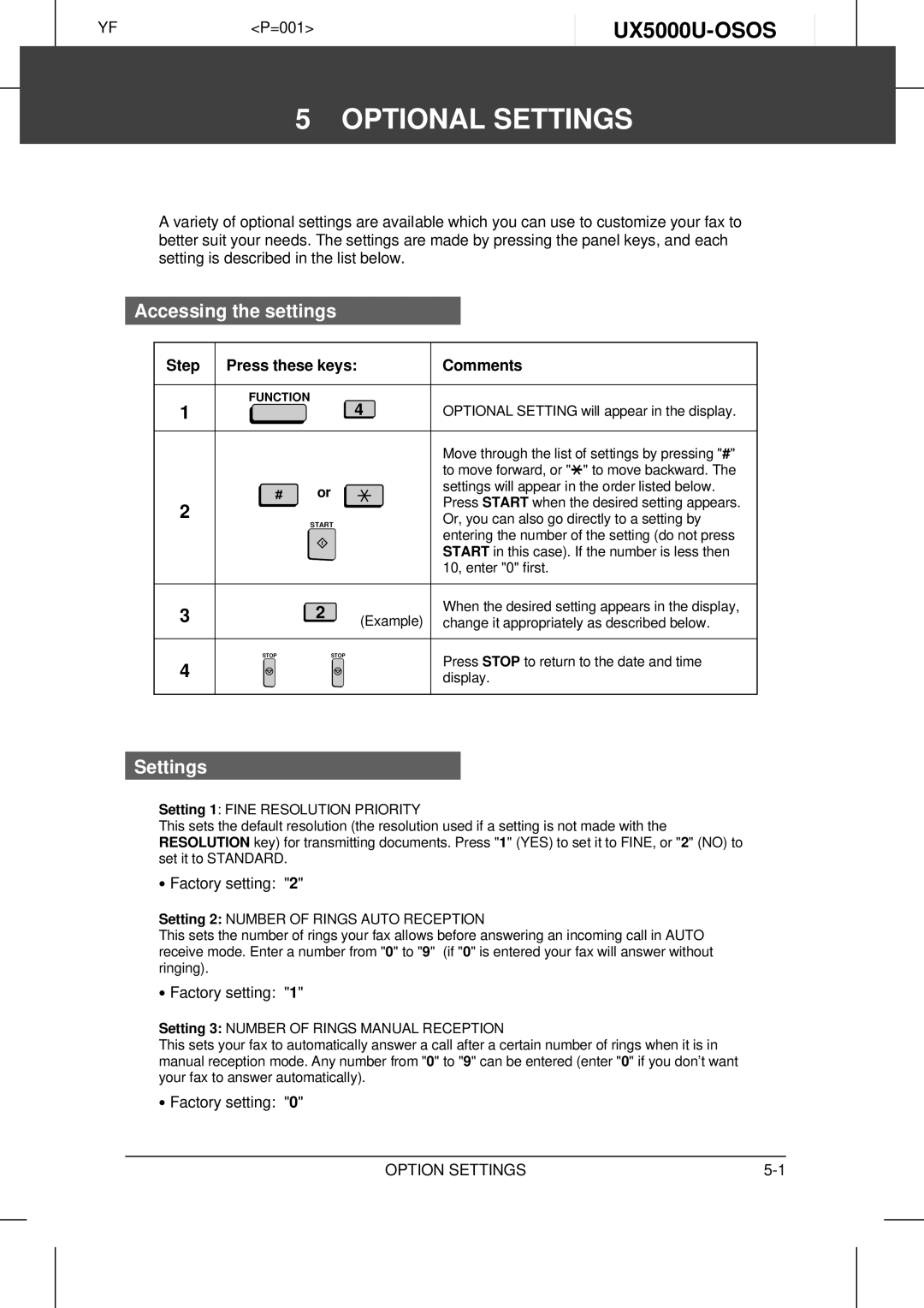 Sharp UX-5000 operation manual Optional Settings, UX5000U-OSOS, Accessing the settings, Option Settings 