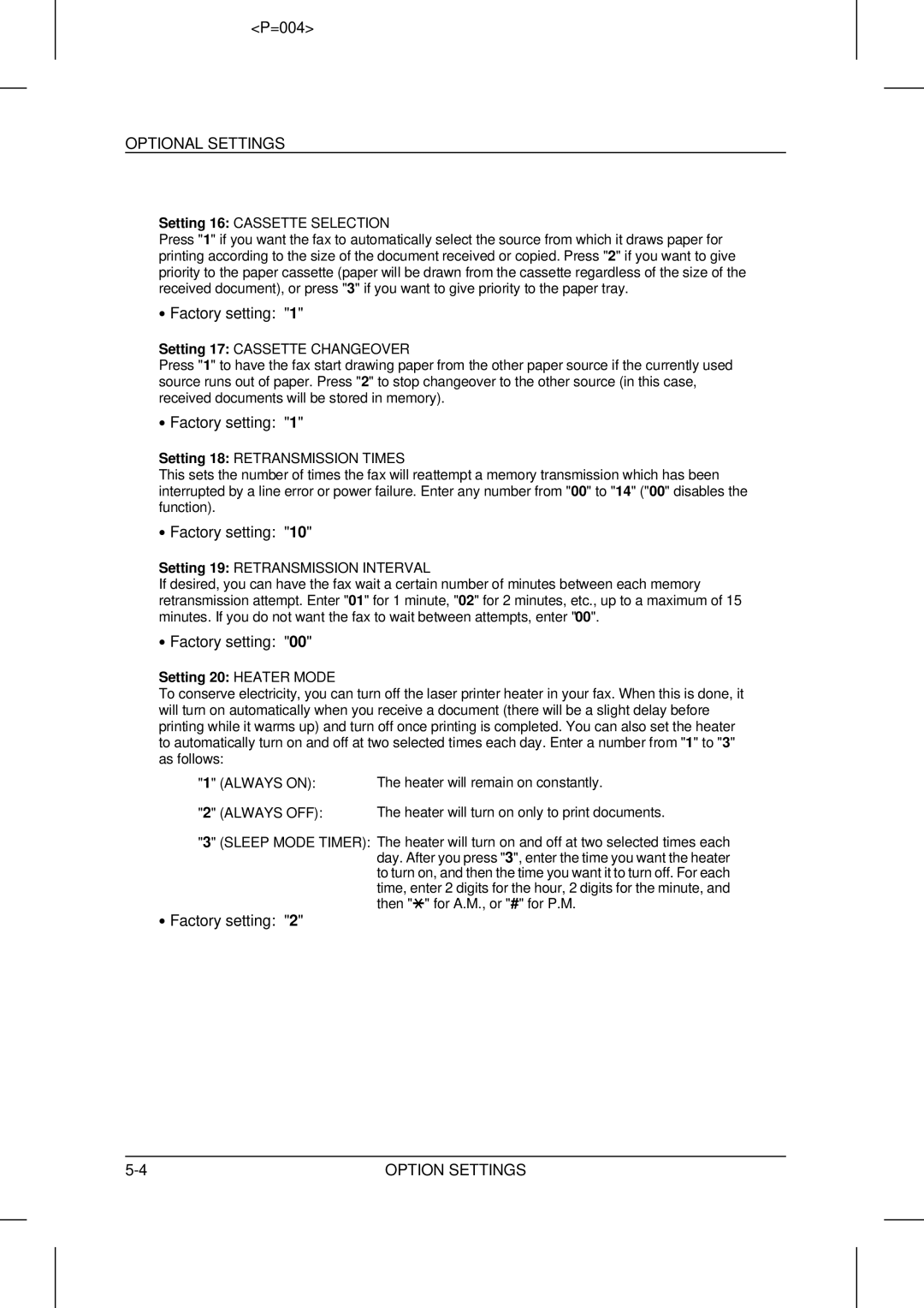 Sharp UX-5000 operation manual Setting 20 Heater Mode 