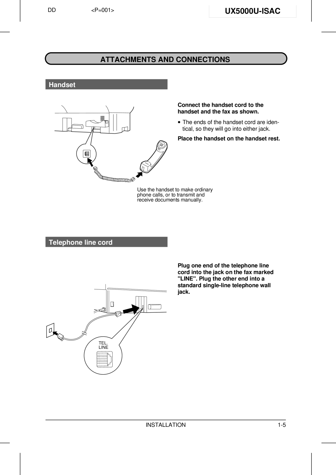 Sharp UX-5000 operation manual UX5000U-ISAC, Attachments and Connections, Handset, Telephone line cord 