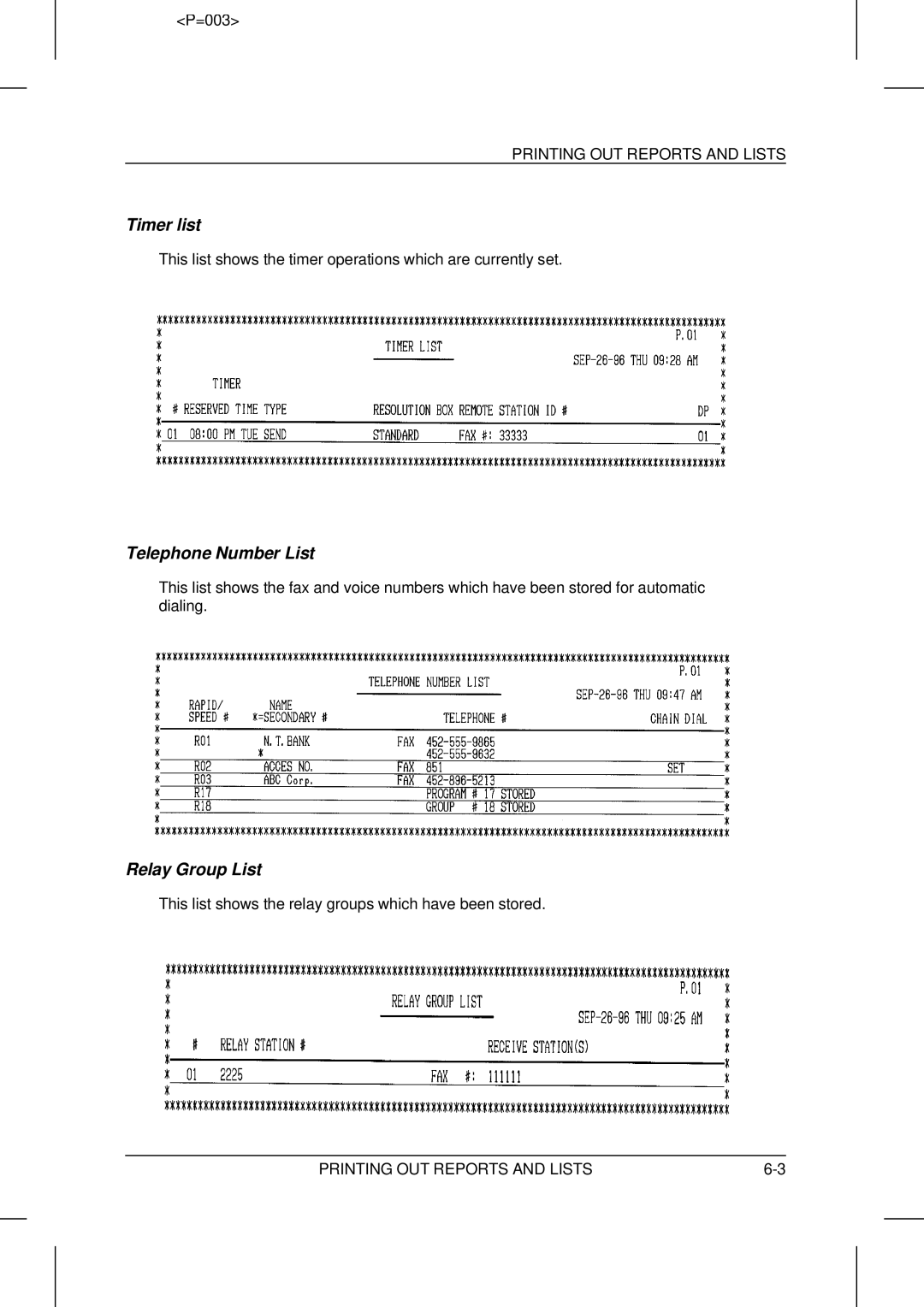 Sharp UX-5000 operation manual Timer list, Telephone Number List, Relay Group List 