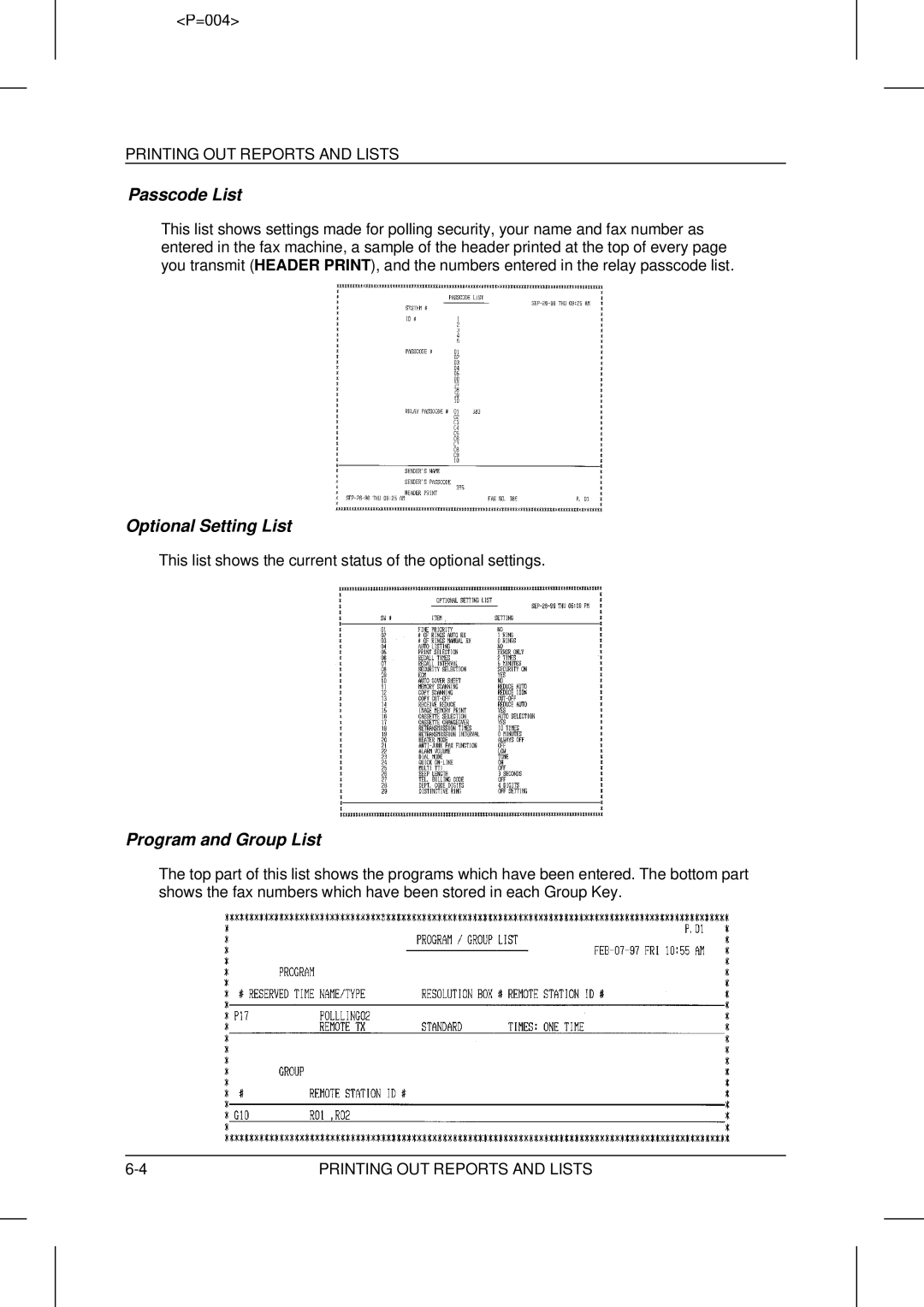 Sharp UX-5000 operation manual Passcode List, Optional Setting List, Program and Group List 