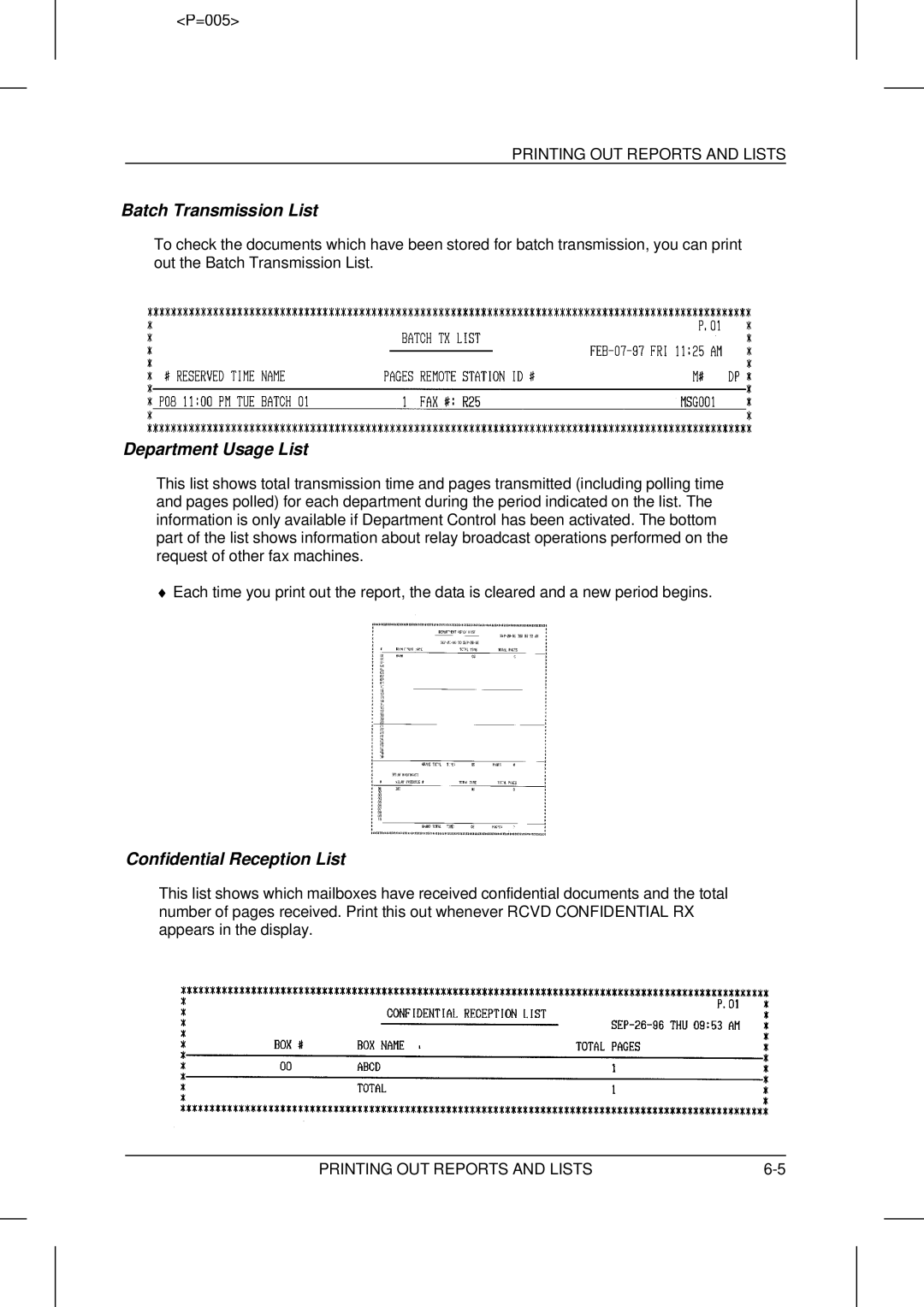 Sharp UX-5000 operation manual Batch Transmission List, Department Usage List, Confidential Reception List 