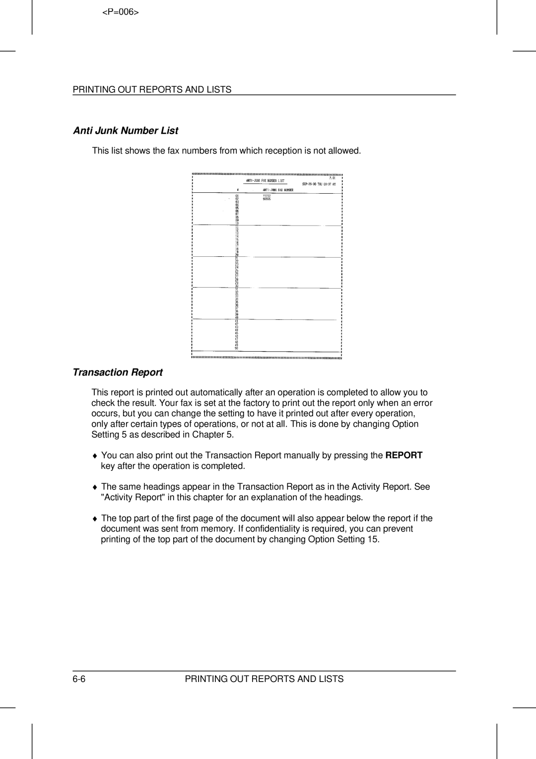 Sharp UX-5000 operation manual Anti Junk Number List, Transaction Report 