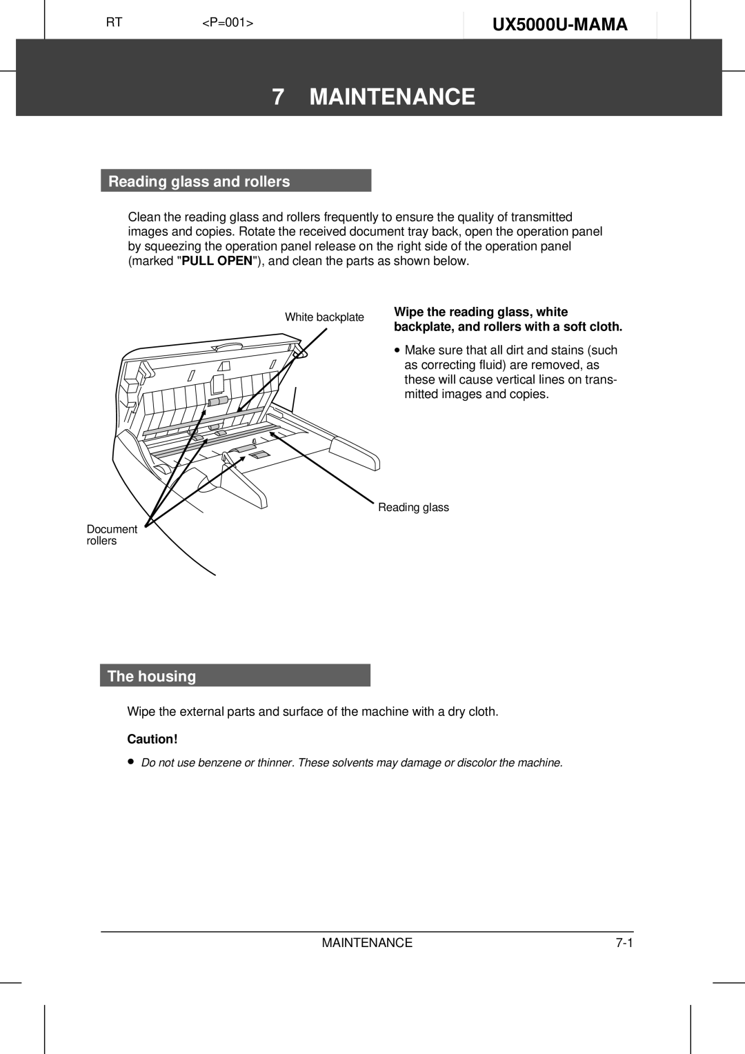 Sharp UX-5000 operation manual Maintenance, UX5000U-MAMA, Reading glass and rollers, Housing, Wipe the reading glass, white 