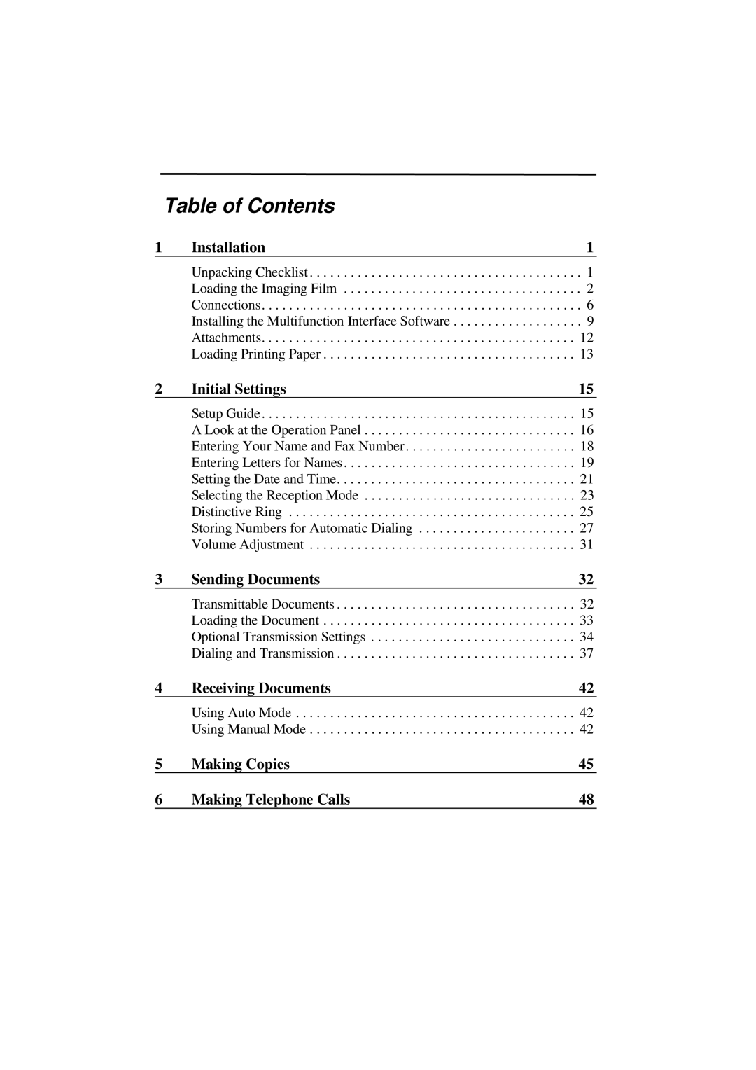 Sharp UX-600M operation manual Table of Contents 