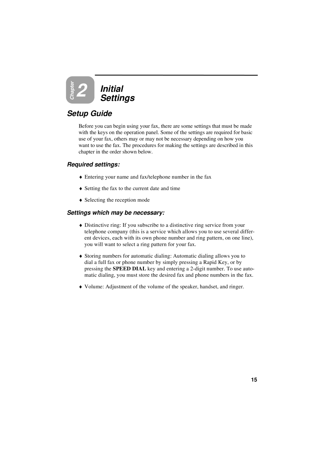 Sharp UX-600M operation manual Initial Settings, Setup Guide, Required settings, Settings which may be necessary 