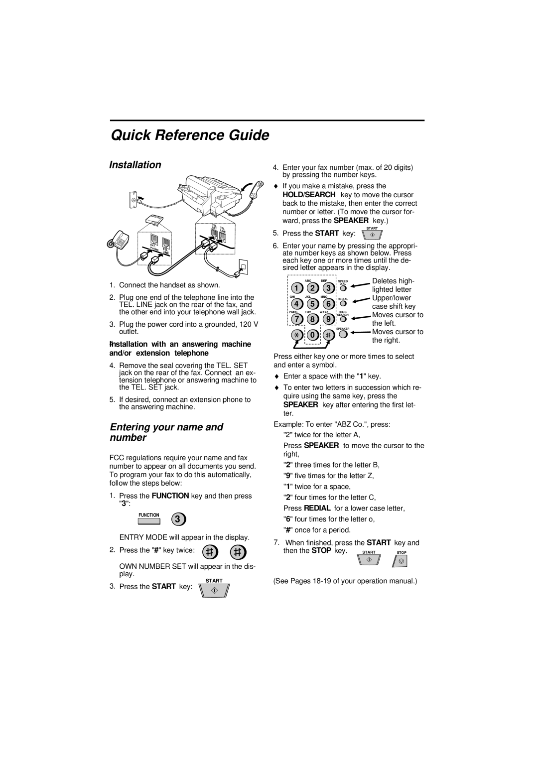 Sharp UX-600M operation manual Quick Reference Guide, Installation, Entering your name and number 