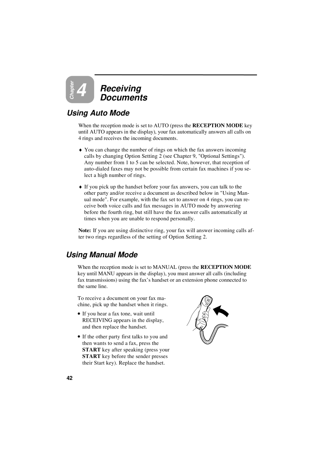 Sharp UX-600M operation manual Receiving Documents, Using Auto Mode, Using Manual Mode 