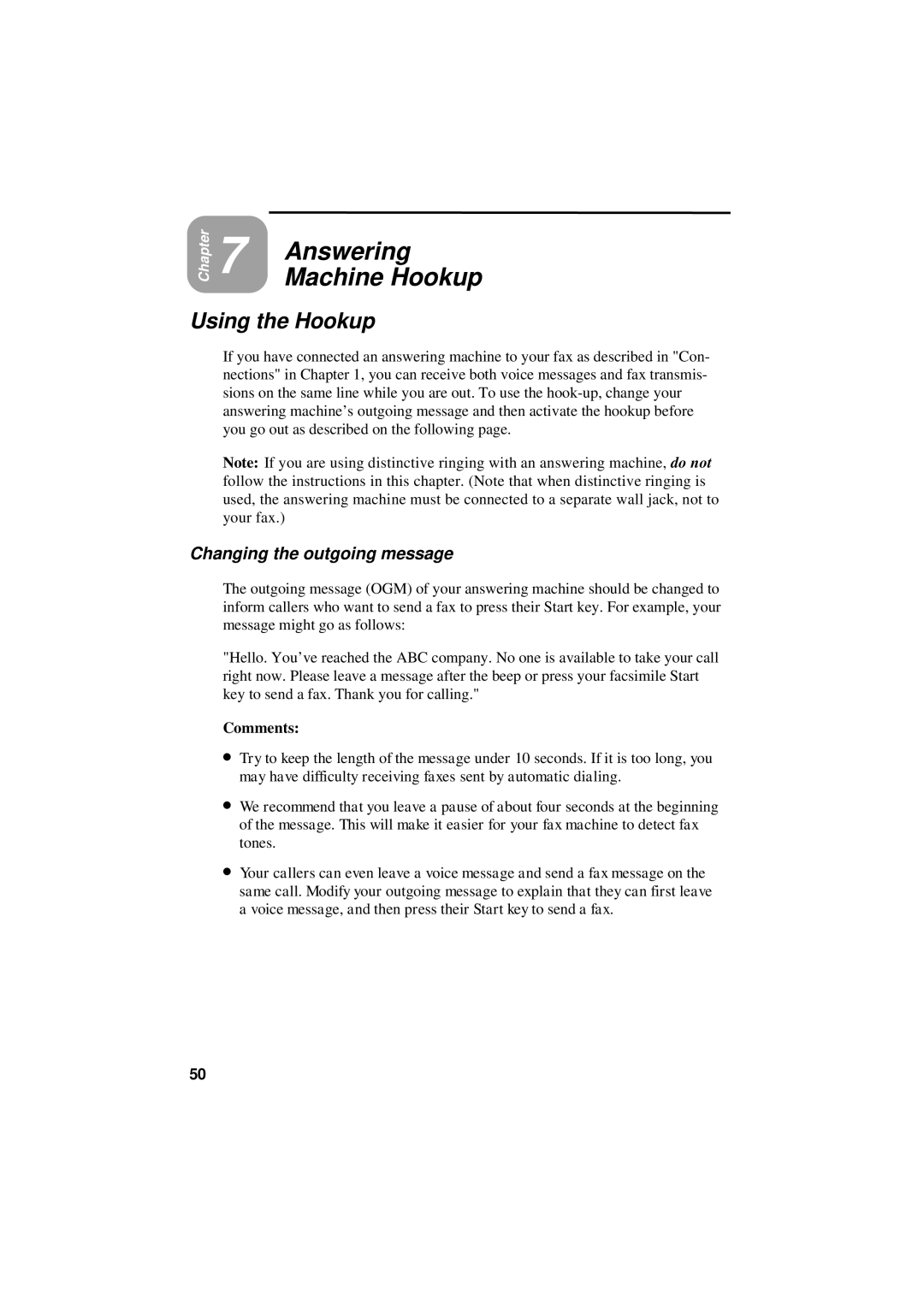 Sharp UX-600M operation manual Answering Machine Hookup, Using the Hookup, Changing the outgoing message 