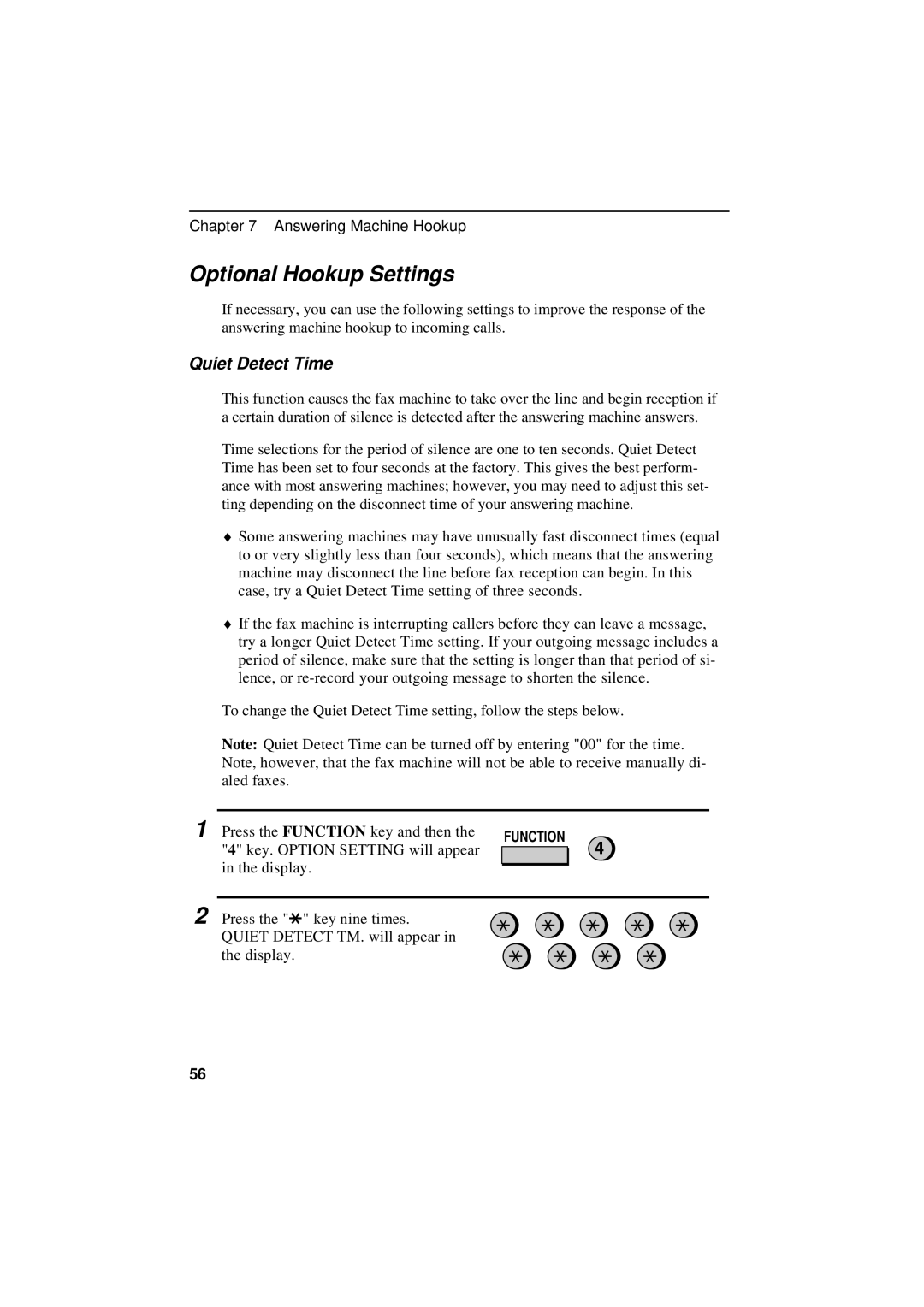 Sharp UX-600M operation manual Optional Hookup Settings, Quiet Detect Time 