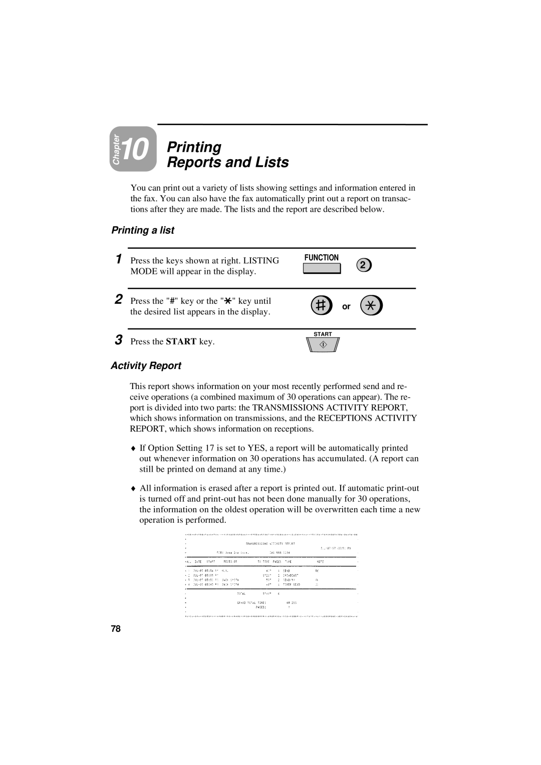 Sharp UX-600M operation manual Printing Reports and Lists, Printing a list, Activity Report 