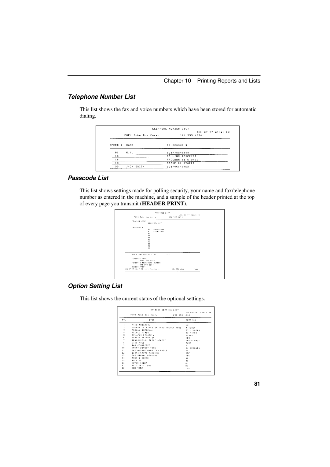 Sharp UX-600M operation manual Telephone Number List, Passcode List, Option Setting List 