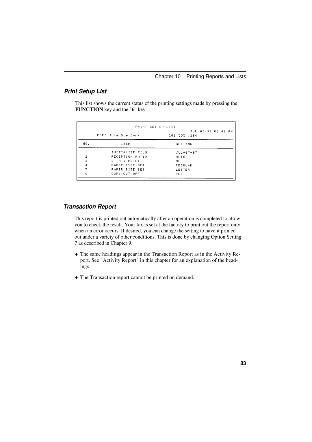 Sharp UX-600M operation manual Print Setup List, Transaction Report 