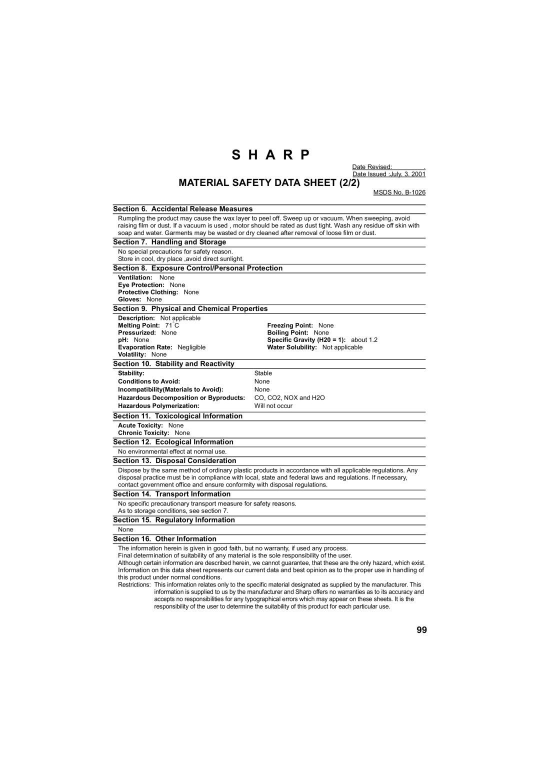 Sharp UX-A255 operation manual Material Safety Data Sheet 2/2 