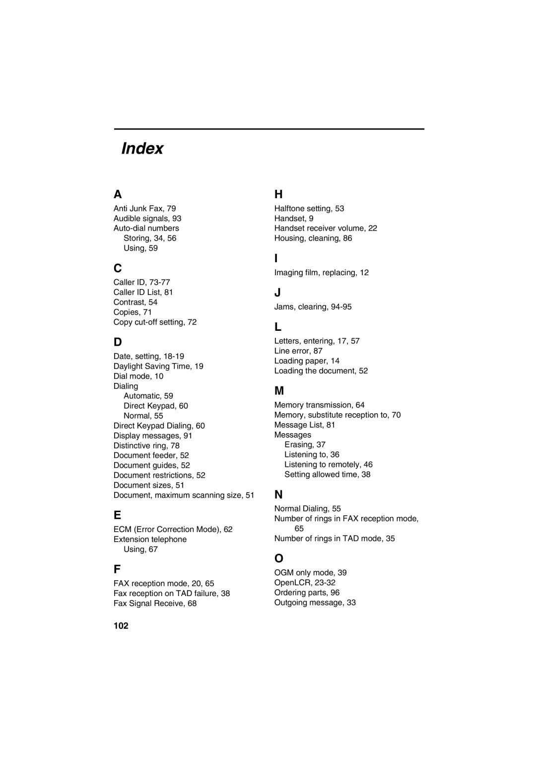 Sharp UX-A255 operation manual Index, 102 