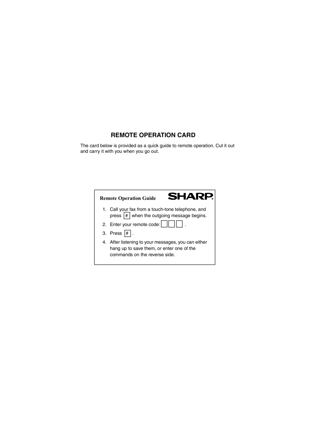 Sharp UX-A255 operation manual Remote Operation Card 