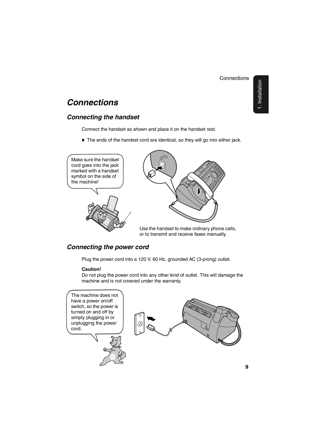 Sharp UX-A255 operation manual Connections, Connecting the handset, Connecting the power cord 