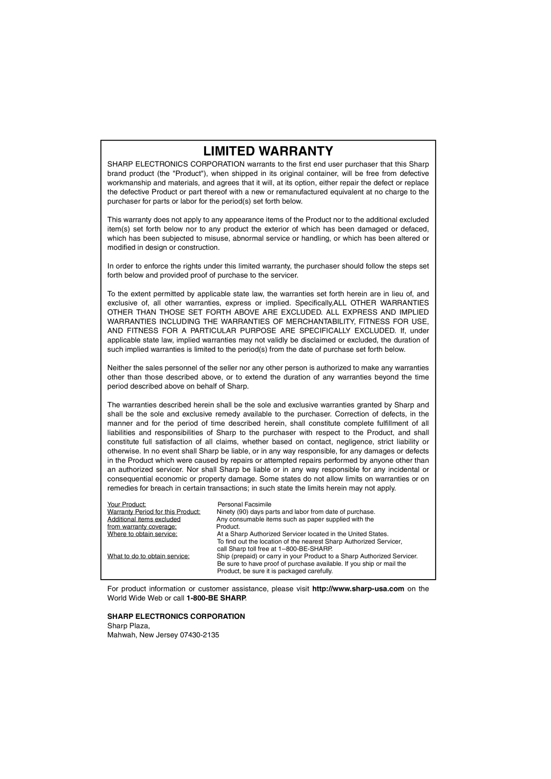 Sharp UX-A255 operation manual Limited Warranty 